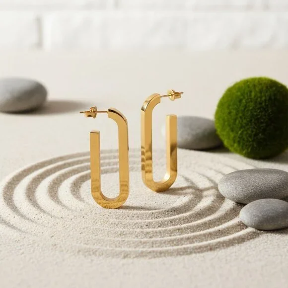 Sleek 18K Gold Plated Stainless Steel Modern U-Shape Statement Earrings - Picture 14 of 14
